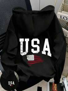 Women's Casual Letter & American Flag Print Long Sleeve Hoodie Sweatshirt, Autumn/Winter-Autumn/Winter New Arrivals:Unisex Loose Hoodie With USA Print - 黑色 - 查看 15