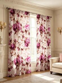 2 piezas Cortinas con patrón de flor de peonía púrpura, que simboliza la riqueza y el honor, diseñadas con bolsillo para barra para protección de la privacidad e instalación fácil, opción ideal para ventanas del hogar - Multicolor - Ver 3