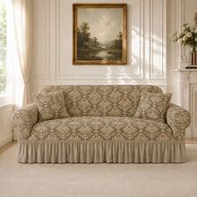 1pc Vintage Woven Jacquard Pattern Hem Style Full Stretch Sofa Cover, Without Pillowcase, Dust-Proof And Dirt-Resistant, Elastic One-Piece Full Coverage Sofa Protector, Living Room Home Decor, Machine Washable And Water Washable - Khaki - View 8