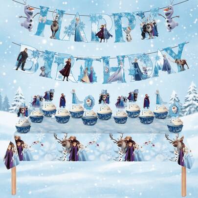 Frozen Doğum Günü Parti Dekorasyon Seti, Mutlu Yıllar Banner, Cupcake Süsleri, Kar Tanesi Desenli Masa Örtüsü, Prenses Parti Malzemeleri