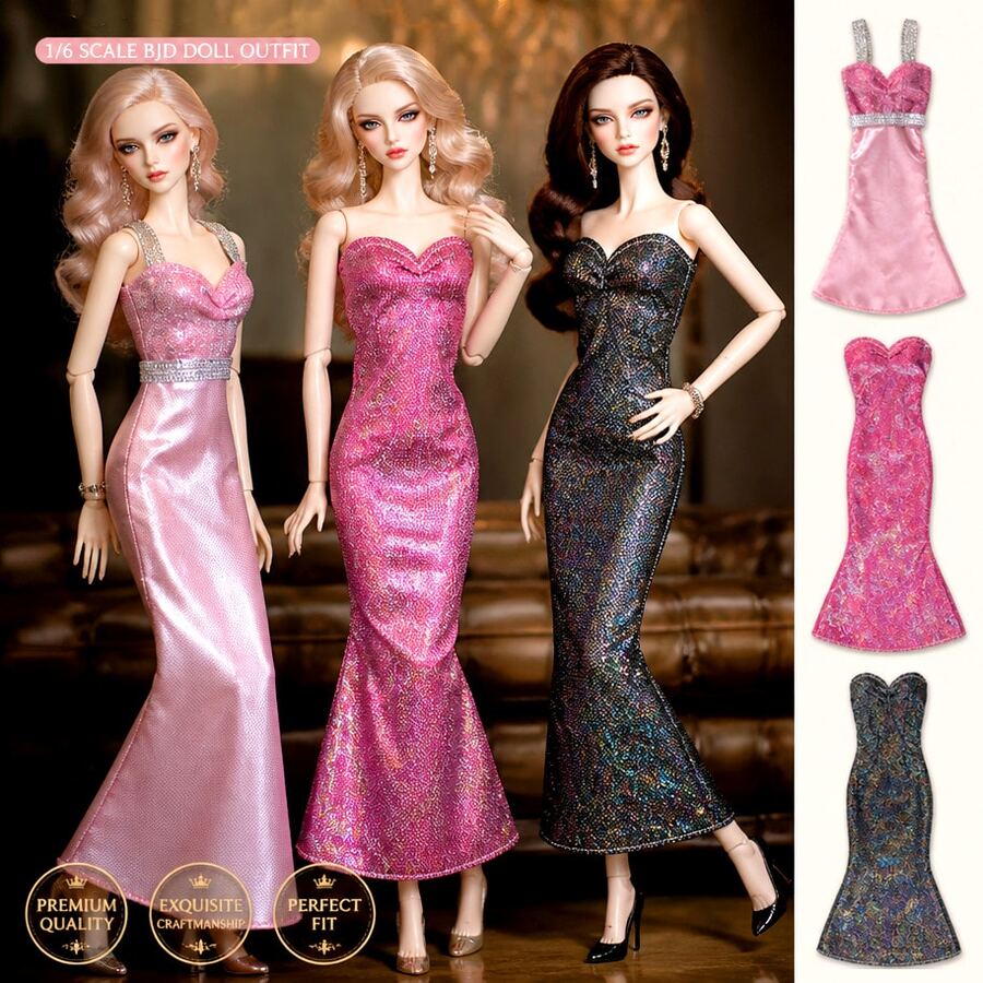 3‑Piece Sequin Mermaid Evening Gown Set For 1/6 Scale BJD Dolls, Elegant Formal Party Dresses, Gifts For Doll Collectors, Doll Not Included - Doll Outfit Set (Doll Not Included) - View 1
