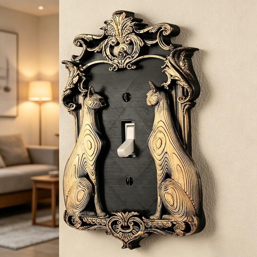 قطعة واحدة لوحة مخرج كهربائي بلاستيكية مطبوعة ثلاثية الأبعاد بتصميم قطتين عتيق منحوت، ديكور حائط بأسلوب قوطي مظلم للهالوين، غطاء حماية زخرفي مخصص لمقبس الطاقة المنزلي - متعدد الألوان - مشاهدة 1