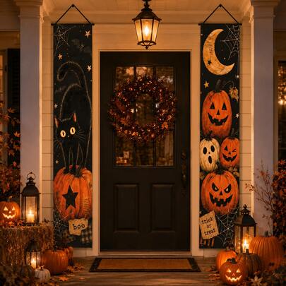 2Pcs Halloween Door Banner Set, Black Cat Pumpkin Trick Or Treat Vertical Hanging Banners With Moon Spider Web Design, Outdoor Front Porch Decorations For Home Entrance, Fall Halloween Party Yard Decor