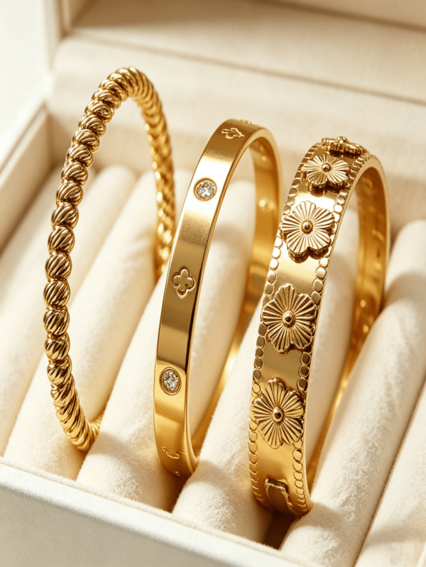 Stainless Steel 18K Gold Plated Twisted Clover Rhinestone Embellished Embossed Flower Bracelet, Vintage Textured Stackable Bangle, Light Luxury Elegant Daily Gift Jewelry Set For Women