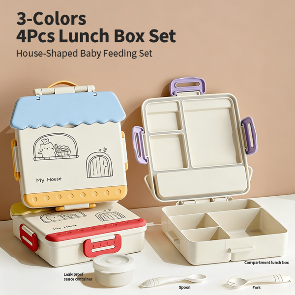 4-Piece Bento Box Set | 3-Color Divided Lunch Box, Leak-Proof Sauce Container + Fork & Spoon | Microwave , Reusable | Suitable For Home, School, Picnic | Halloween, Christmas Gift