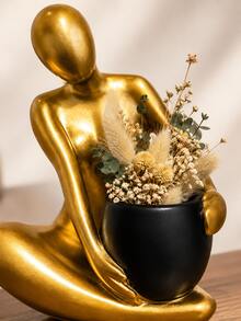 1件金色跪姿抽象雕塑風花瓶裝飾品，結合北歐奢華公寓露台裝飾風格與極簡藝術美學；波希米亞中性家居裝飾，適用於客廳、戶外露台、陽台、玄關桌及現代家居裝飾 - A - 查看 4