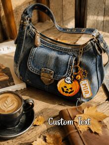 1PC Custom Name Keychain, Cute Halloween Pumpkin Bag Charm, Letter Tag Pendant, Pixel Style Keyring, Spooky Season Backpack Purse Accessory - Multicolor - View 2