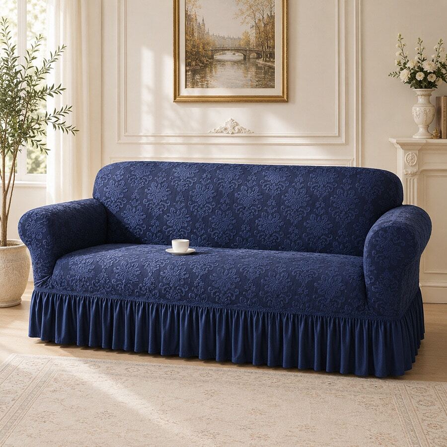 1pc Vintage Woven Jacquard Pattern Skirted Full Cover Elastic Sofa Cover, Dust-Proof & Stain-Resistant, Stretchable One-Piece Full Coverage Sofa Protector, Living Room Home Decor, Machine Washable - Royal Blue - View 1