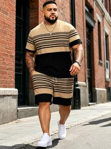 2pcs Plus Size Men's Khaki & Black Contrast Stripe Set | Plaid Patchwork Loose Short Sleeve Shorts 2-Piece Outfit, Summer Sports - Brown - View 1