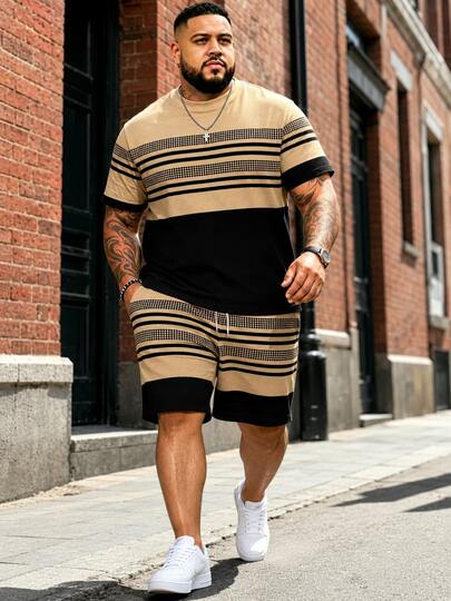 2pcs Plus Size Men's Khaki & Black Contrast Stripe Set | Plaid Patchwork Loose Short Sleeve Shorts 2-Piece Outfit, Summer Sports