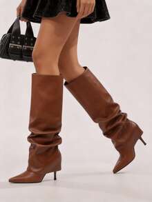 Stylish Women's Slouchy Knee High Boots Point Toe Stilettos Thin High Heels Ruched Design Wide Calf Shark Fold Over Boots Pull On Dress Party Shoes - 棕色 - 查看 4