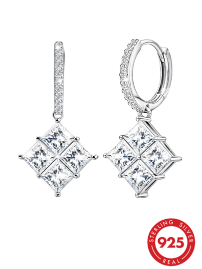 Pendientes de mujer con colgante de diseño de moda estilo Old Money en plata de ley S925 - Plata pura de baja hipoalergenicidad, lujo brillante con colgante cuadrado 3D de circonita cúbica, clips de oreja para mujer, joyería para uso diario, regalo