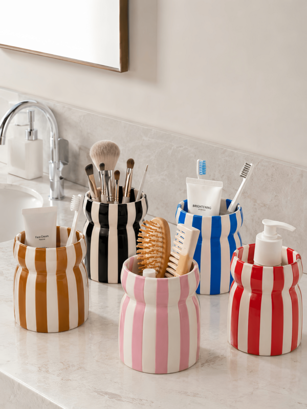 1pc Striped Multi-Purpose Organizer Cup, Large Capacity Toothbrush, Toothpaste, Makeup Brush & Cosmetic Holder For Bathroom Vanity, Dressing Table & Desktop Storage