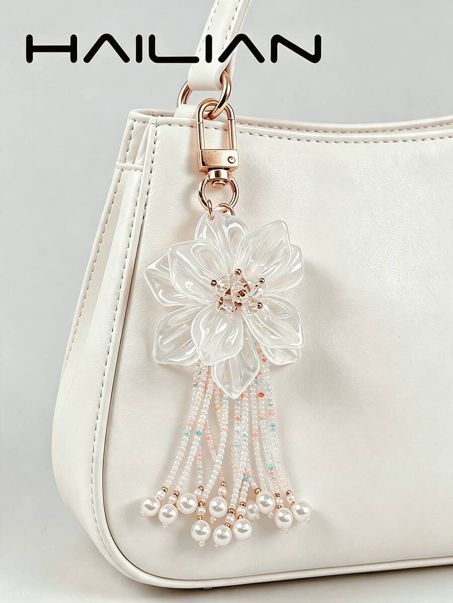 HAILIAN 1pc Boho White Flower Beaded Tassel Bag Charm Cute Pearl Purse Pendant For Women,Key Rings - White - View 1