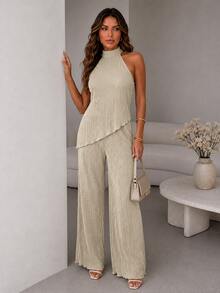 ChicMe Womens Textured 2 Piece Outfits Halter Neck Backless Sleeveless Asymmetric Top With High Waist Wide Leg Pants Set Sexy Date Party Cocktail Outfits - Apricot - View 1