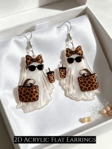 2D Flat Acrylic Ghost Earrings, Leopard Print Bow Fashion Glasses Ghost Dangle Earrings, Halloween Sweet & Cool Ghost Accessories Women's Gift - Leopard Print Bow Ghost - View 2