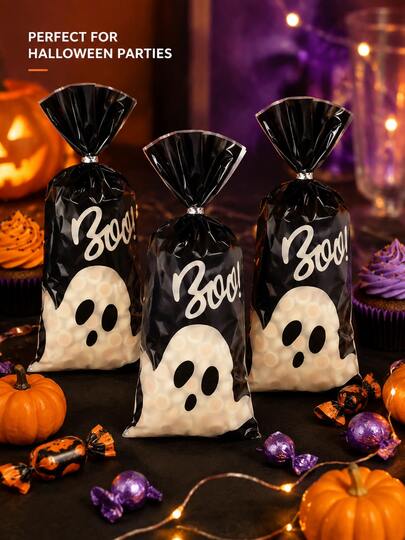 100pcs Halloween Ghost Candy Bags, Cute Boo Print Candy Gift Bags, Suitable For Halloween Trick Or Treat, Costume Party Favors, Spooky Snack Packaging And Holiday Decoration, Reusable