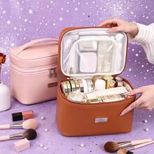 PU Makeup Bag Multi-Functional Compartment Portable Travel Cosmetic Organizer, Small Handheld Makeup Box, Toiletry Bag - Multicolor - View 1