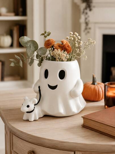 Cute Ghost Planter With Dog, 13.5x9cm Small Succulent Plant Pot, Halloween Planter For Indoor Plants, Soft Spooky Fall Home Decor, Desktop Flower Pot For Bedroom Office Shelf Table Decoration