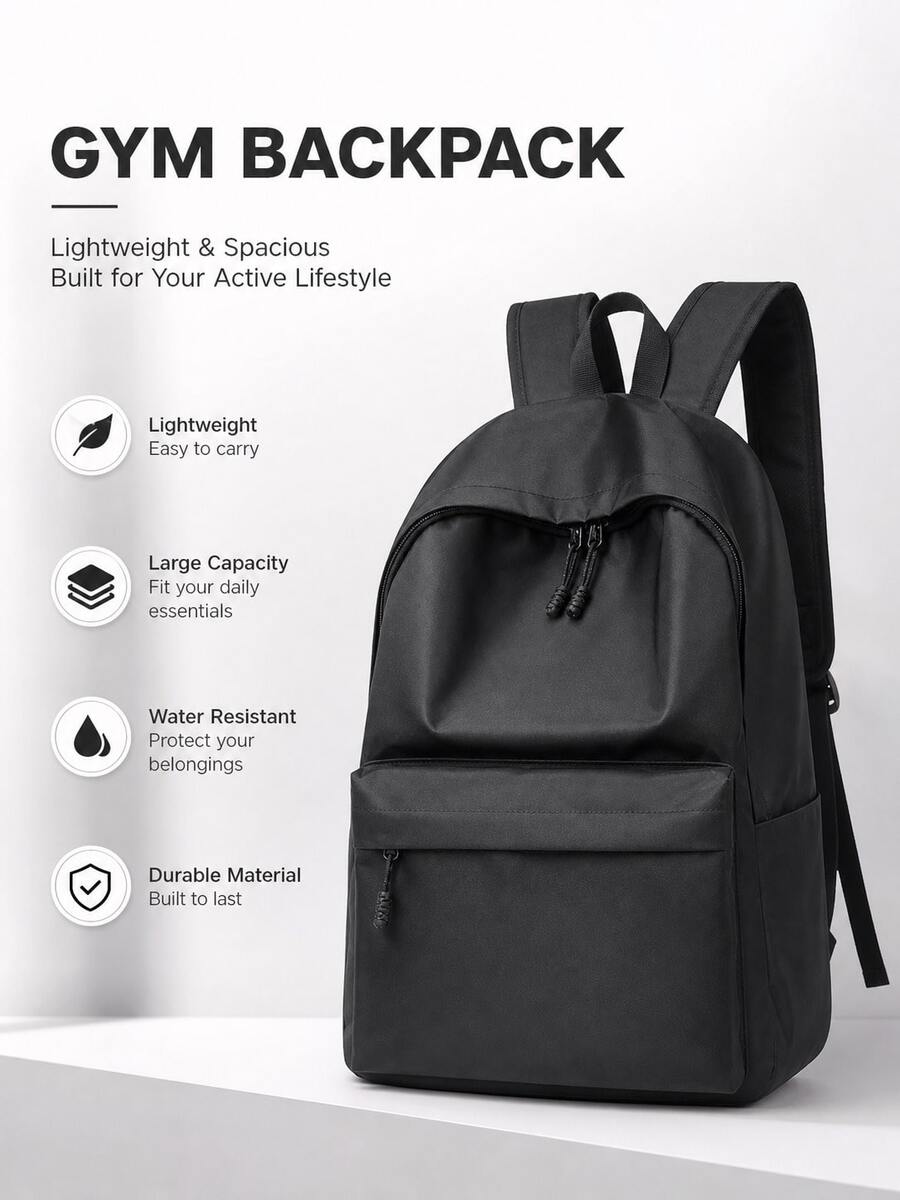 Black Lightweight Fitness Backpack, Large Capacity With Compartment Storage For Personal Items, Simple And Versatile Style, Suitable For Fitness, Commuting, Short Trips And More - Black - View 1