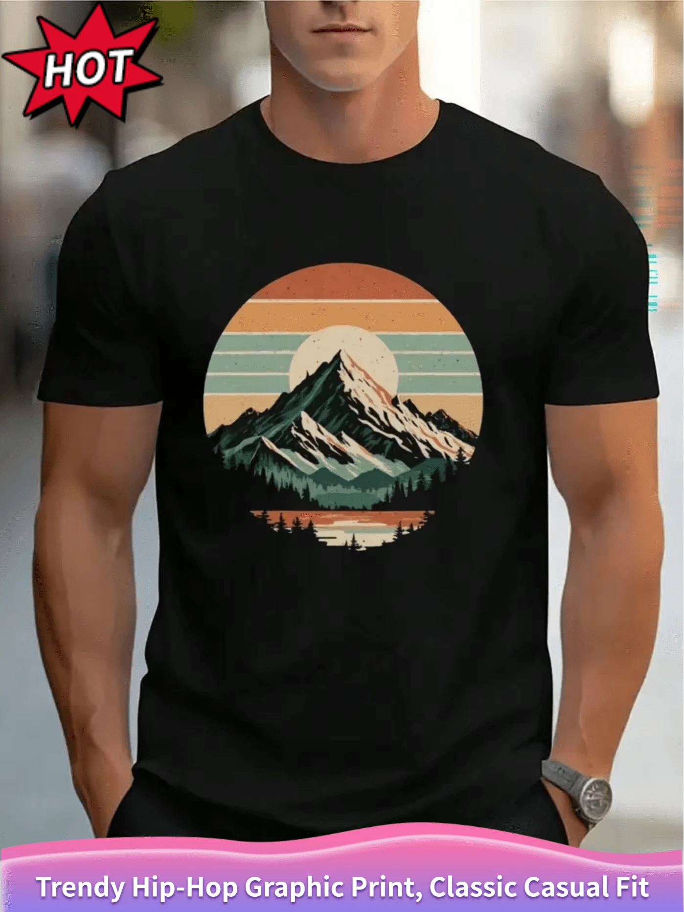 Vintage Hill Pattern Printed Men's T-Shirt Casual Short Sleeve Top 1 Piece 100% Heavyweight Pure - Comfortable Round Neck ,Ensemble Femme Sport - Black - View 1
