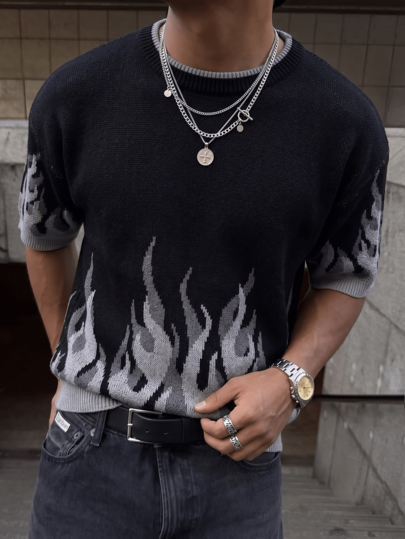 ANDREILEE Primavera/Verano Top de punto unisex para hombre con cuello redondo, jacquard de llamas, suéter camiseta de manga corta estilo casual urbano