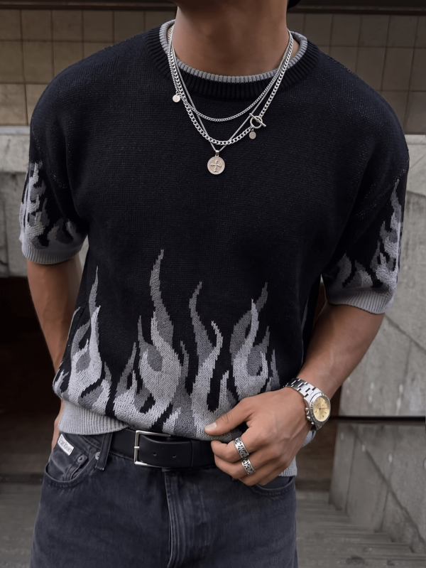 ANDREILEE Primavera/Verão Masculino Unissex Gola Redonda Tricô Top Jacquard Chama Casual de Rua Manga Curta Suéter Camiseta