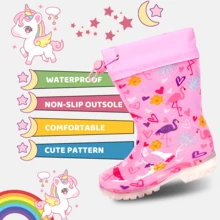 Children's Flamingo Heart Print Drawstring Cuff Glitter Mid-Calf Rain Boots, Waterproof Rubber Boots With Transparent Non-Slip Sole - Hot Pink - View 3
