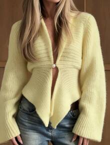 Women's Lapel Single Button Knit Cardigan, Fare Long Sleeve Asymmetric Hem Sweater, Soft Fuzzy Knit Outerwear For Fall Winter Daily Casual Outfit - Yellow - View 4