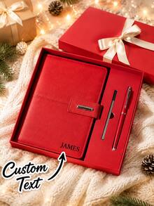 Personalized Name Notebook Gift Set With Pen, Custom Red Leather-Look Journal And Writing Set In Elegant Gift Box, Portable Planner For Office, Business, Travel, Christmas, Birthday, Graduation, Anniversary Gift For Women And Men - Multicolor - View 1
