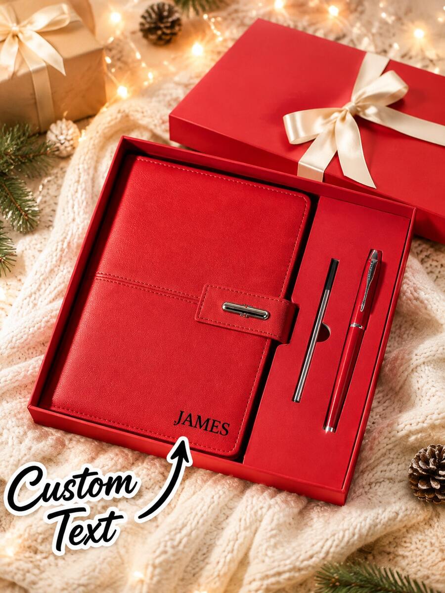 Personalized Name Notebook Gift Set With Pen, Custom Red Leather-Look Journal And Writing Set In Elegant Gift Box, Portable Planner For Office, Business, Travel, Christmas, Birthday, Graduation, Anniversary Gift For Women And Men - Multicolor - View 1