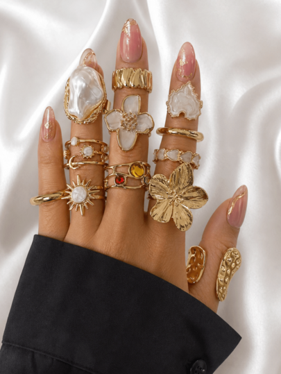 12/6 Peças Conjunto de Anéis Largos Elegantes Luxuosos Minimalistas com Padrão Floral Sol Branco Gota de Óleo Geométrico Estrela Lua para Mulheres, Férias Festa Encontro Viagem Banquete Praia Uso Diário, Nova Combinação Versátil