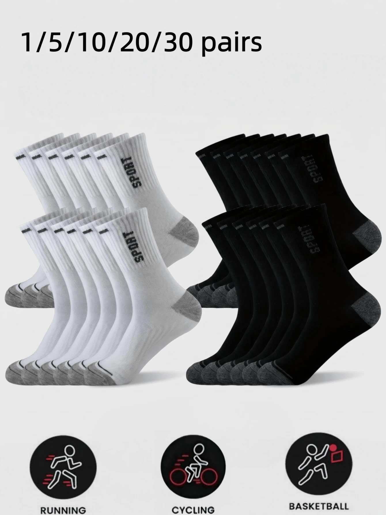 1/5/10/20 Pairs Unisex Black & White Mid-Calf Sports Socks, Couple Socks, Comfortable Casual Breathable, Suitable For Daily Wear & Sports, All Seasons - Multicolor - View 1