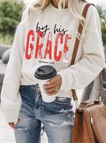 Women's Christian Faith Sweatshirt, Romans 3:24 Bible Verse Red Letter Print Crew Neck Pullover, Loose Cozy Casual Top For Church Autumn Winter - 純白 - 查看 1