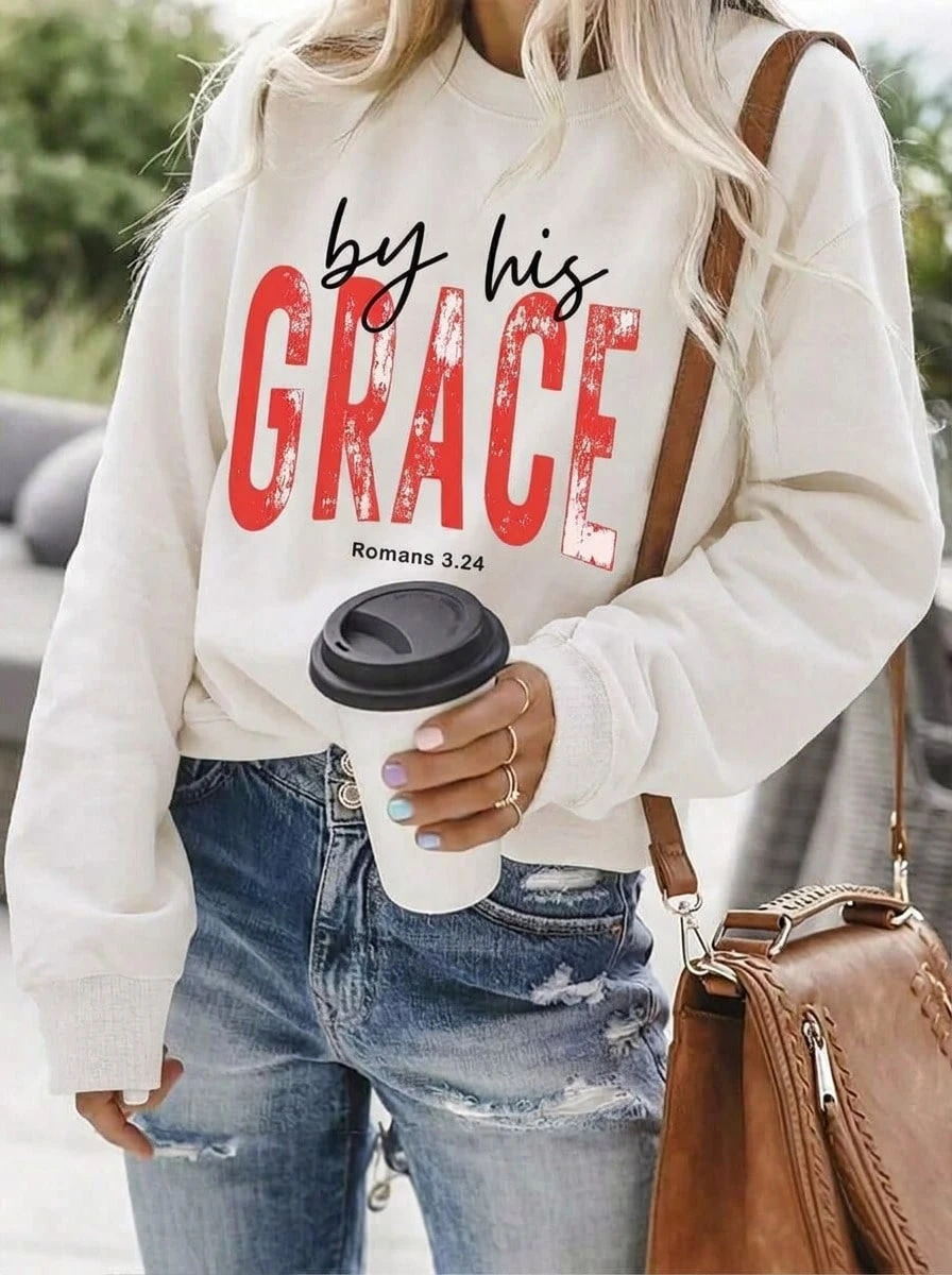 Women's Christian Faith Sweatshirt, Romans 3:24 Bible Verse Red Letter Print Crew Neck Pullover, Loose Cozy Casual Top For Church Autumn Winter - 純白 - 查看 1