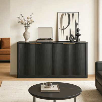 Black Sideboard 150cm - Wave Design - Multi-Function Storage Cabinet