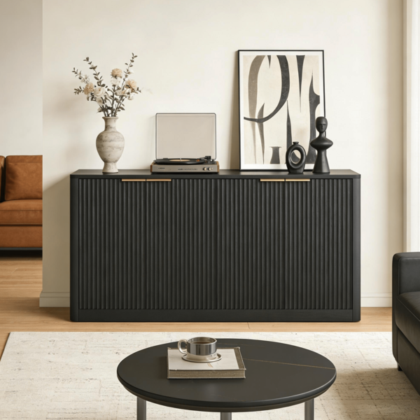 Black Sideboard 150cm - Wave Design - Multi-Function Storage Cabinet