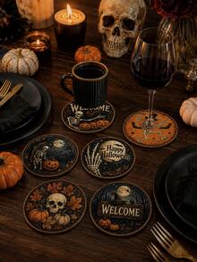 6pcs Halloween Wooden Coasters, 10cm Round Vintage Skull Pumpkin Bat Print Drink Coasters, Gothic Style Halloween Tabletop Decor, Suitable For Parties, Bars, Kitchens And Home - Multicolor - View 2