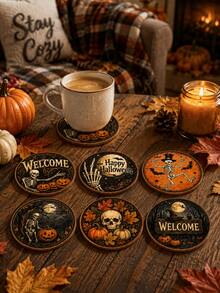 6pcs Halloween Wooden Coasters, 10cm Round Vintage Skull Pumpkin Bat Print Drink Coasters, Gothic Style Halloween Tabletop Decor, Suitable For Parties, Bars, Kitchens And Home - Multicolor - View 7