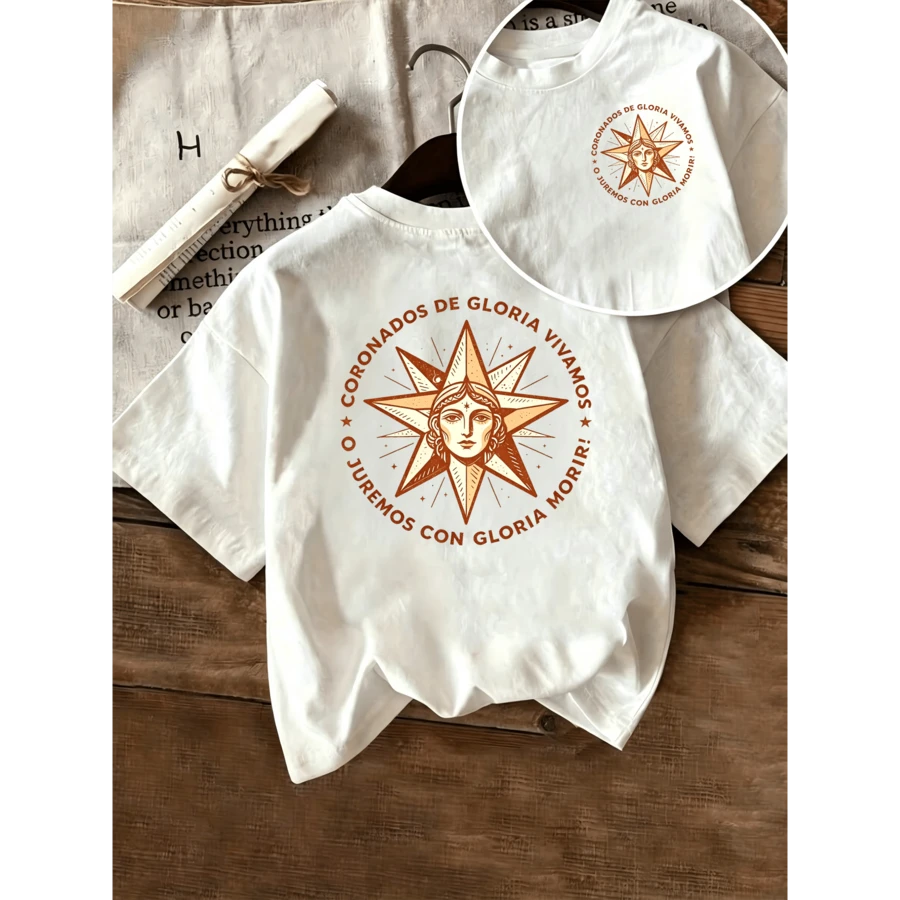 1 Pcs Casual 100% Cotton Women Short Sleeve Crew Neck T-Shirt, Soft Breathable Retro Argentina Sun Emblem Dual Side Graphic - White 1 - View 1