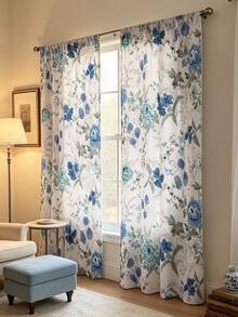 2pcs Refreshing Watercolor Floral Curtains, White Background With Blue Flower Patterns, Rod Pocket Design, Provides Privacy And Easy Installation, Ideal For Home Windows - Multicolor - View 3