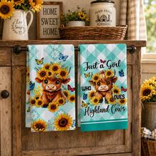 2pcs Blue Green White Plaid Highland Cow Sunflower Kitchen Towels, Cute Country Farmhouse Style Soft Microfiber Rectangular Printed Absorbent Quick Dry Hand Towels, Suitable For Kitchen Decor, Holiday Gifts 4/6/8pcs Set - Multicolor - View 1