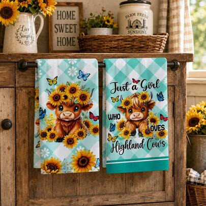 2pcs Blue Green White Plaid Highland Cow Sunflower Kitchen Towels, Cute Country Farmhouse Style Soft Microfiber Rectangular Printed Absorbent Quick Dry Hand Towels, Suitable For Kitchen Decor, Holiday Gifts 4/6/8pcs Set