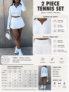 White Stand Collar Zipper Short Long Sleeve Jacket + High Waist Pleated Sports Skirt 2-Piece Set Women's Casual Outfit - White - View 5