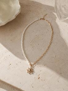 Hegaze 1pc Patchwork Faux Pearl Chain Rhinestone Sun Pendant Necklace, French Vintage Women's Vacation Style Collarbone Chain - Yellow Gold - View 5