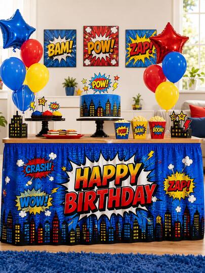1pc-Superhero Birthday Party Table Skirt, Comic Book Theme Table Skirt For Boys Girls, Pop Art Cityscape Birthday Table Decoration, Happy Birthday Dessert Table Skirt For Cake Table, Buffet Table, Party Supplies, Indoor Celebration Decor