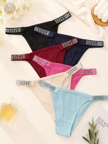 6pcs Women's Panty Set Ribbed Thong Letter Print Rhinestone Low Waist Sexy G-String High Elasticity Underwear - Multicolor - View 4