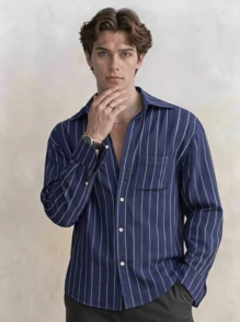 Men's Thin Striped Long Sleeve Shirt, Fashionable Casual Style Suitable For Spring And Autumn - Blue - View 1