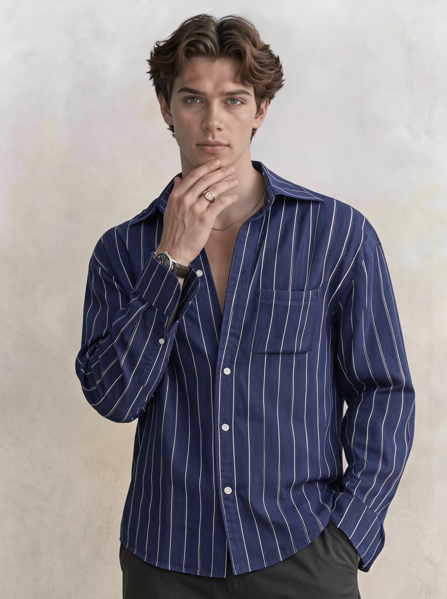 Men's Thin Striped Long Sleeve Shirt, Fashionable Casual Style Suitable For Spring And Autumn - Blue - View 1