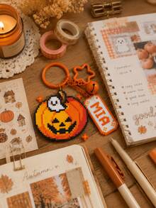 1PC Custom Name Keychain, Cute Halloween Pumpkin Bag Charm, Letter Tag Pendant, Pixel Style Keyring, Spooky Season Backpack Purse Accessory - Multicolor - View 4